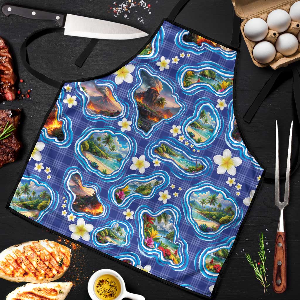 Hawaiian Island Shapes-Iconic Landscape Apron with Plumeria and Palaka Blue Color LT03 Blue - Polynesian Pride