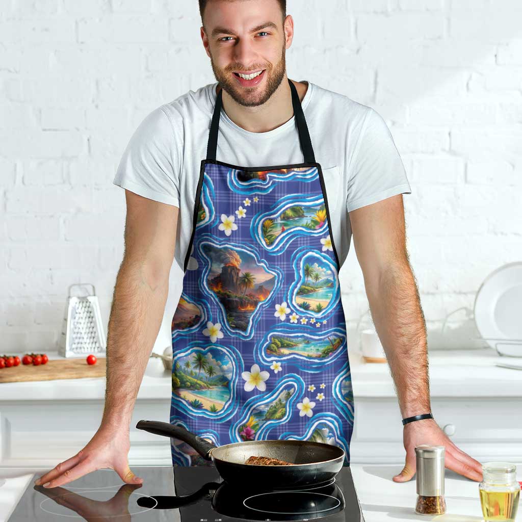 Hawaiian Island Shapes-Iconic Landscape Apron with Plumeria and Palaka Blue Color LT03 - Polynesian Pride