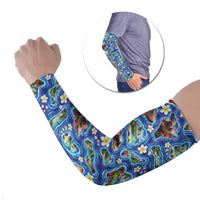 Hawaiian Island Shapes-Iconic Landscape Arm Sleeves with Plumeria and Palaka Blue Color LT03 Set of 2 Blue - Polynesian Pride