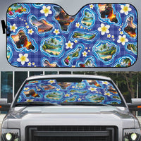 Hawaiian Island Shapes-Iconic Landscape Auto Sun Shade with Plumeria and Palaka Blue Color LT03 Blue - Polynesian Pride