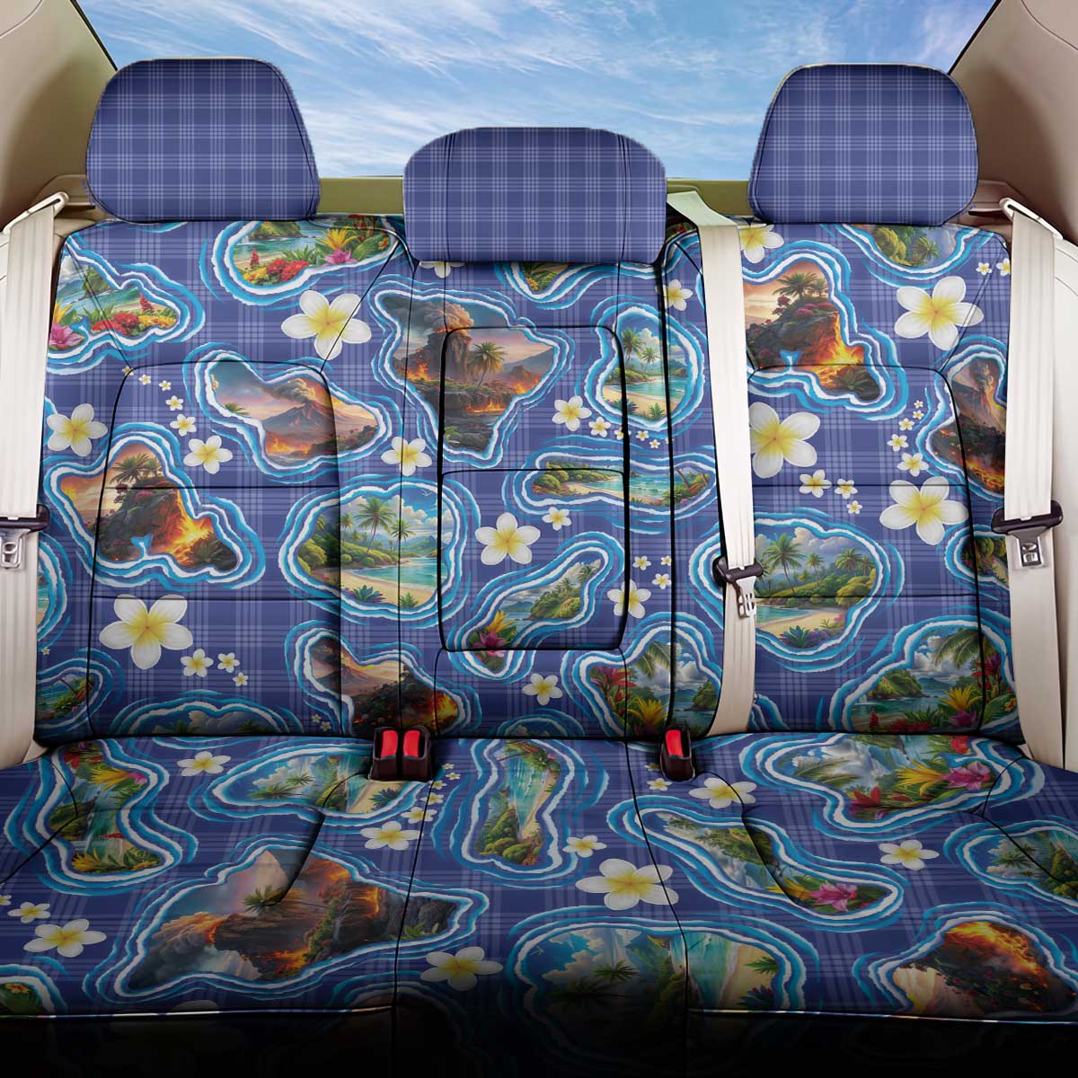 Hawaiian Island Shapes-Iconic Landscape Back Car Seat Cover with Plumeria and Palaka Blue Color