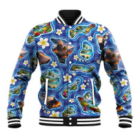 Hawaiian Island Shapes-Iconic Landscape Baseball Jacket with Plumeria and Palaka Blue Color LT03 Unisex Blue - Polynesian Pride