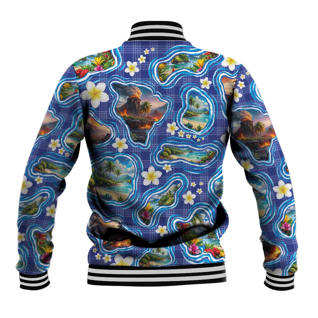 Hawaiian Island Shapes-Iconic Landscape Baseball Jacket with Plumeria and Palaka Blue Color LT03 - Polynesian Pride