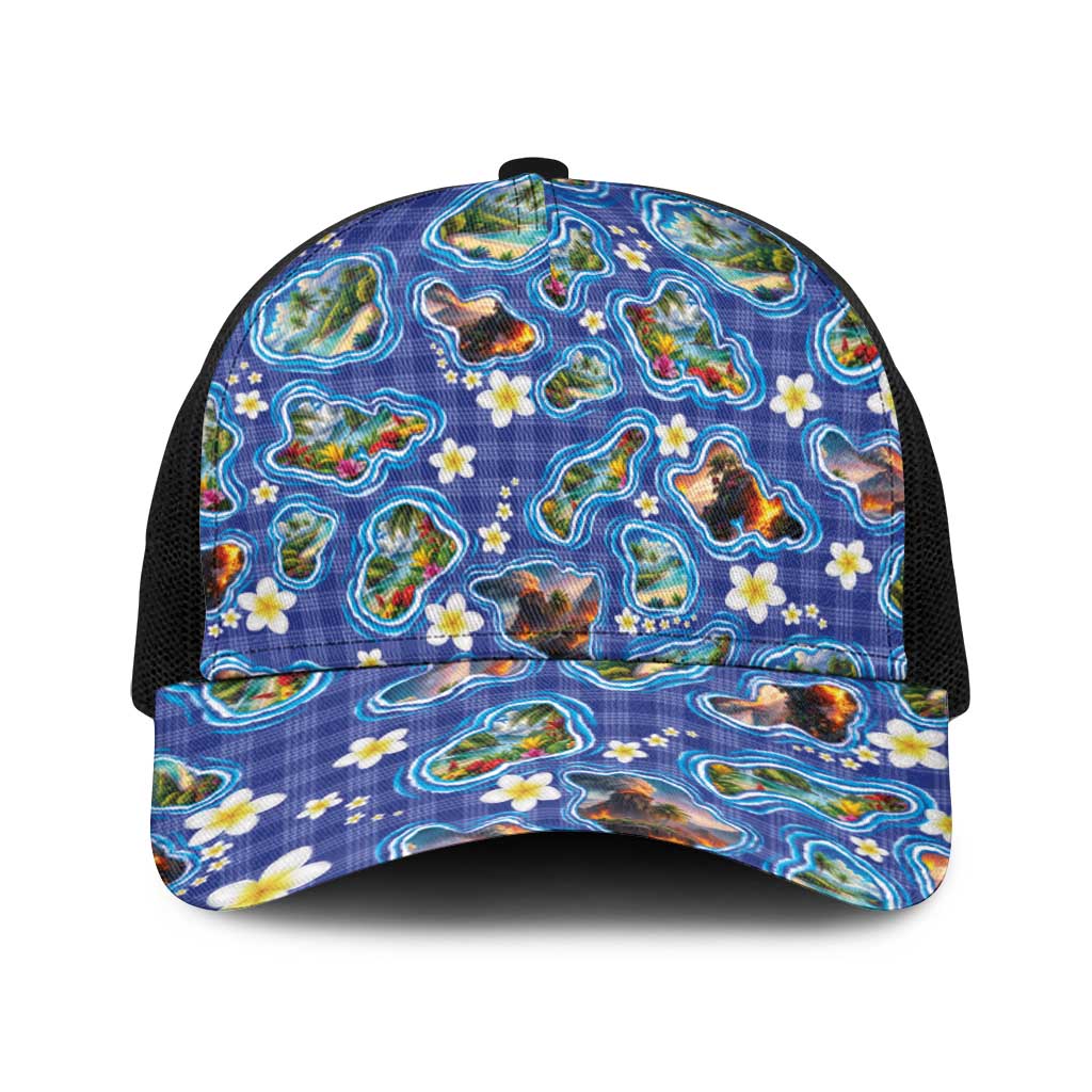 Hawaiian Island Shapes-Iconic Landscape Baseball Net Cap with Plumeria and Palaka Blue Color LT03 One Size Black Blue - Polynesian Pride