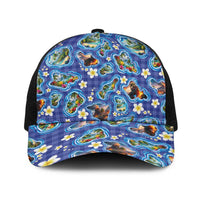 Hawaiian Island Shapes-Iconic Landscape Baseball Net Cap with Plumeria and Palaka Blue Color LT03 One Size Black Blue - Polynesian Pride