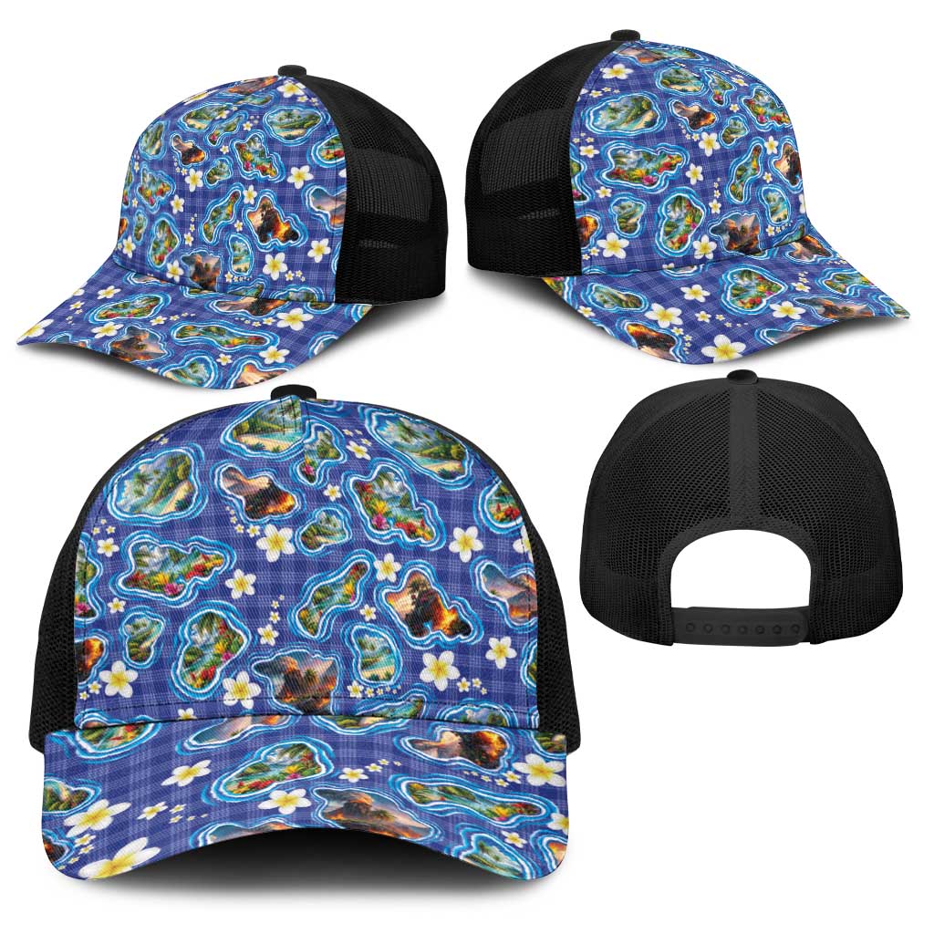 Hawaiian Island Shapes-Iconic Landscape Baseball Net Cap with Plumeria and Palaka Blue Color LT03 - Polynesian Pride