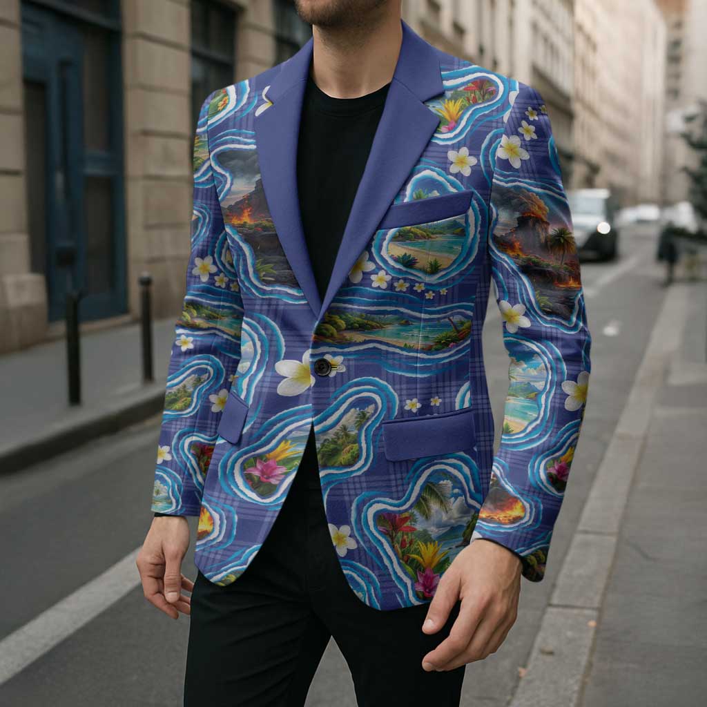 Hawaiian Island Shapes-Iconic Landscape Blazer with Plumeria and Palaka Blue Color LT03 - Polynesian Pride