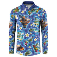 Hawaiian Island Shapes-Iconic Landscape Button Sweatshirt with Plumeria and Palaka Blue Color LT03 Blue - Polynesian Pride