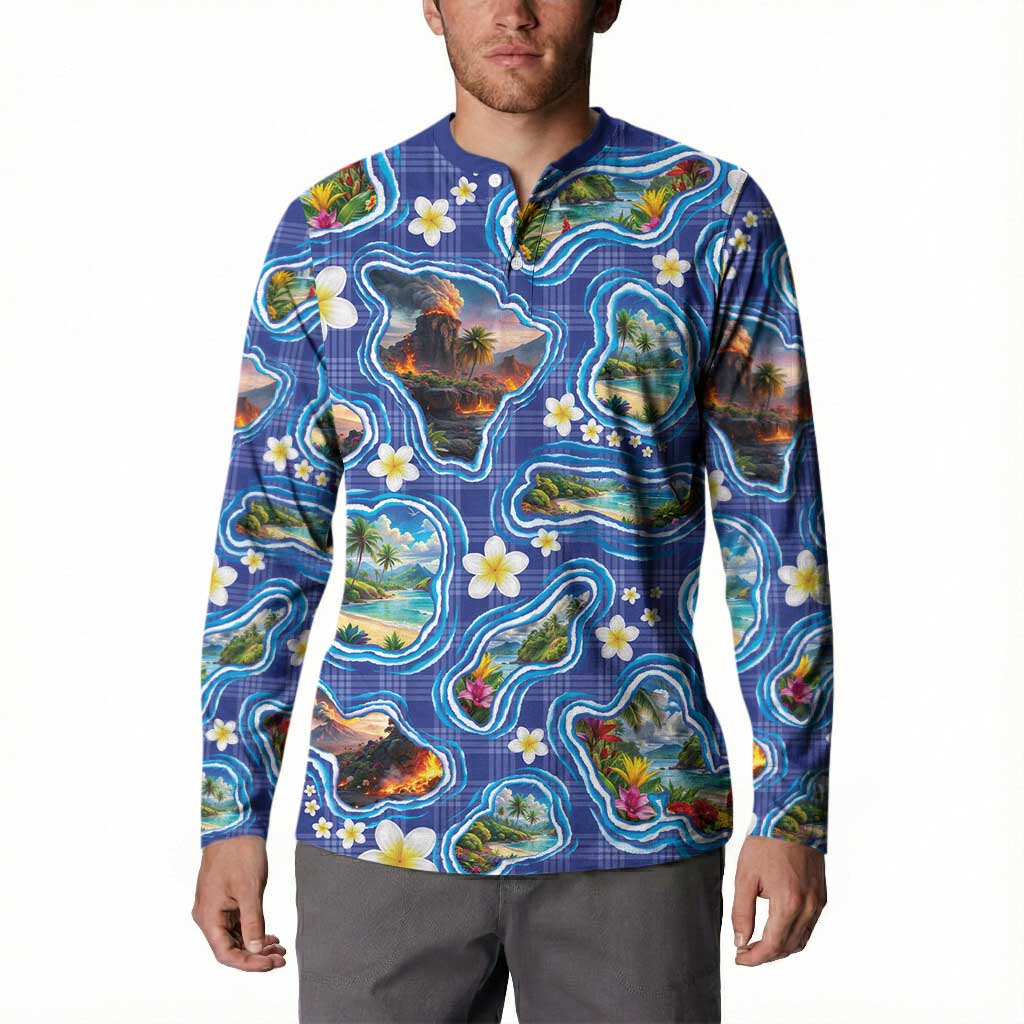 Hawaiian Island Shapes-Iconic Landscape Button Sweatshirt with Plumeria and Palaka Blue Color LT03 - Polynesian Pride