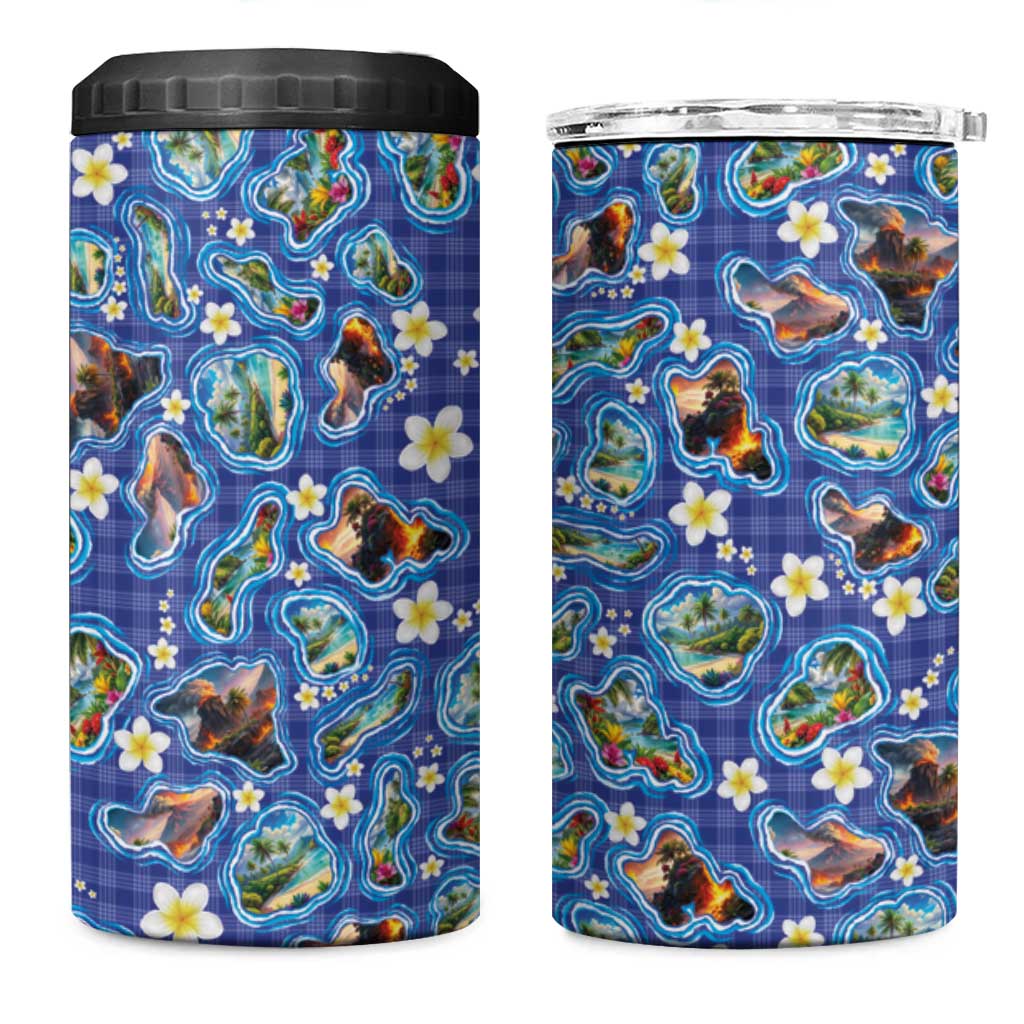 Hawaiian Island Shapes-Iconic Landscape 4 in 1 Can Cooler Tumbler with Plumeria and Palaka Blue Color LT03 One Size: 16 oz Blue - Polynesian Pride