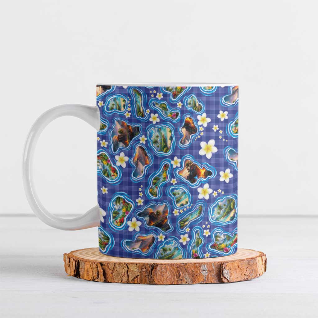 Hawaiian Island Shapes-Iconic Landscape Ceramic Mug with Plumeria and Palaka Blue Color