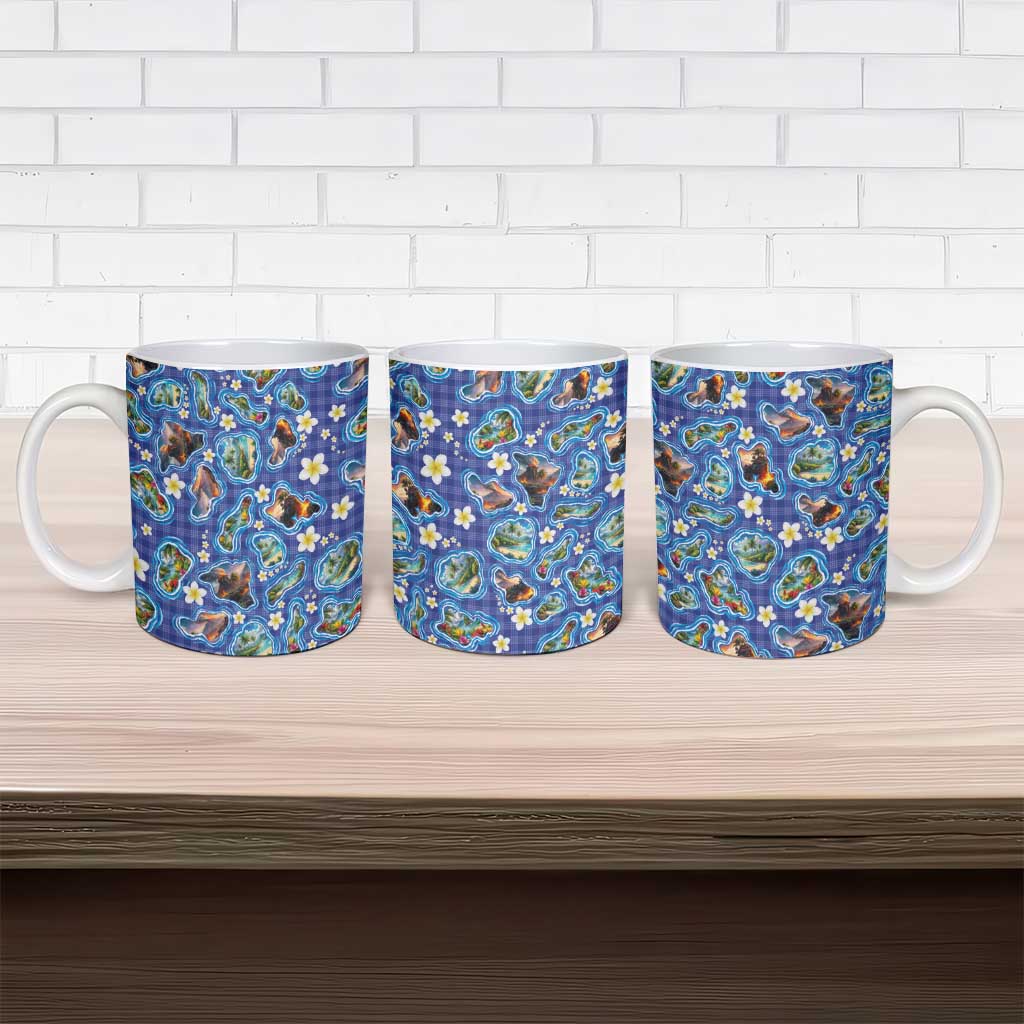 Hawaiian Island Shapes-Iconic Landscape Ceramic Mug with Plumeria and Palaka Blue Color LT03 - Polynesian Pride