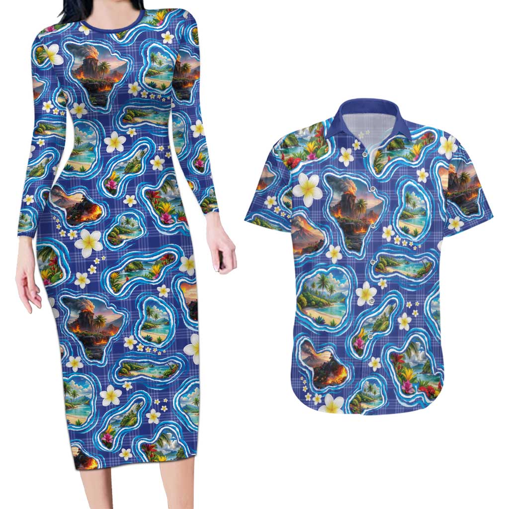 Hawaiian Island Shapes-Iconic Landscape Couples Matching Long Sleeve Bodycon Dress and Hawaiian Shirt with Plumeria and Palaka Blue Color LT03 Blue - Polynesian Pride