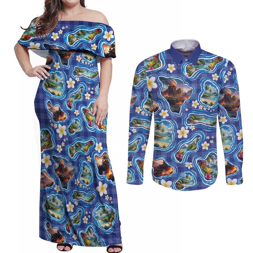 Hawaiian Island Shapes-Iconic Landscape Couples Matching Off Shoulder Maxi Dress and Long Sleeve Button Shirt with Plumeria and Palaka Blue Color
