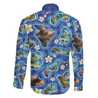 Hawaiian Island Shapes-Iconic Landscape Family Matching Long Sleeve Bodycon Dress and Hawaiian Shirt with Plumeria and Palaka Blue Color LT03 - Polynesian Pride