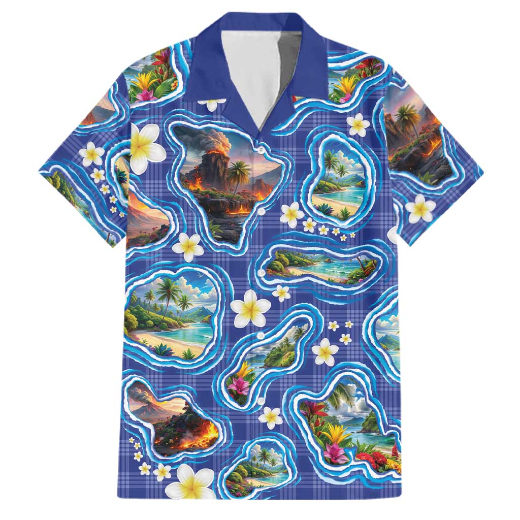 Hawaiian Island Shapes-Iconic Landscape Family Matching Mermaid Dress and Hawaiian Shirt with Plumeria and Palaka Blue Color LT03 Dad's Shirt - Short Sleeve Blue - Polynesian Pride