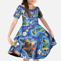 Hawaiian Island Shapes-Iconic Landscape Family Matching Off Shoulder Maxi Dress and Hawaiian Shirt with Plumeria and Palaka Blue Color LT03 Daughter's Dress Blue - Polynesian Pride