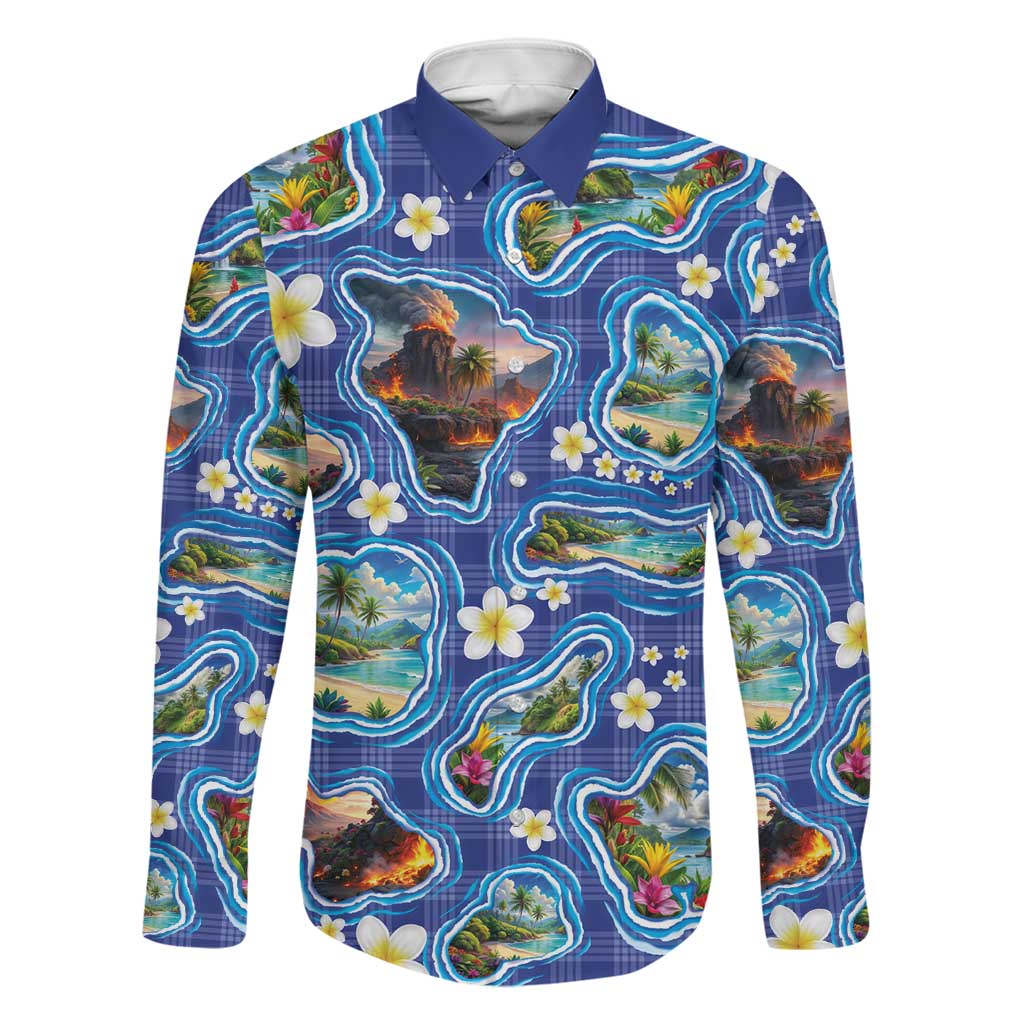 Hawaiian Island Shapes-Iconic Landscape Family Matching Off Shoulder Maxi Dress and Hawaiian Shirt with Plumeria and Palaka Blue Color LT03 Dad's Shirt - Long Sleeve Blue - Polynesian Pride