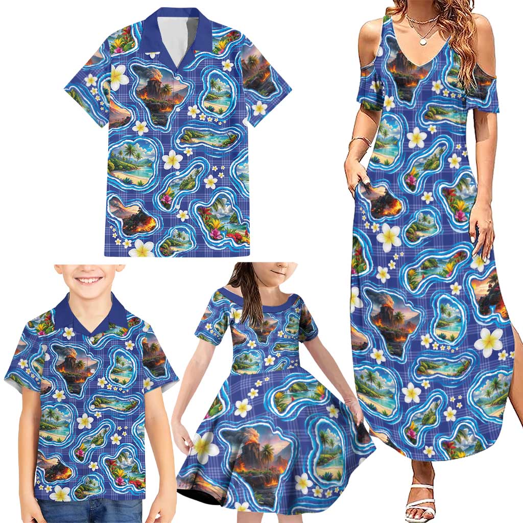 Hawaiian Island Shapes-Iconic Landscape Family Matching Summer Maxi Dress and Hawaiian Shirt with Plumeria and Palaka Blue Color LT03 - Polynesian Pride