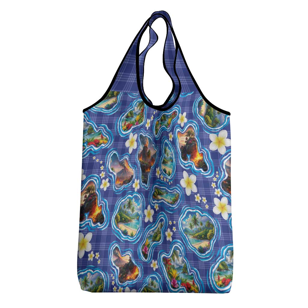 Hawaiian Island Shapes-Iconic Landscape Grocery Bag with Plumeria and Palaka Blue Color LT03 - Polynesian Pride