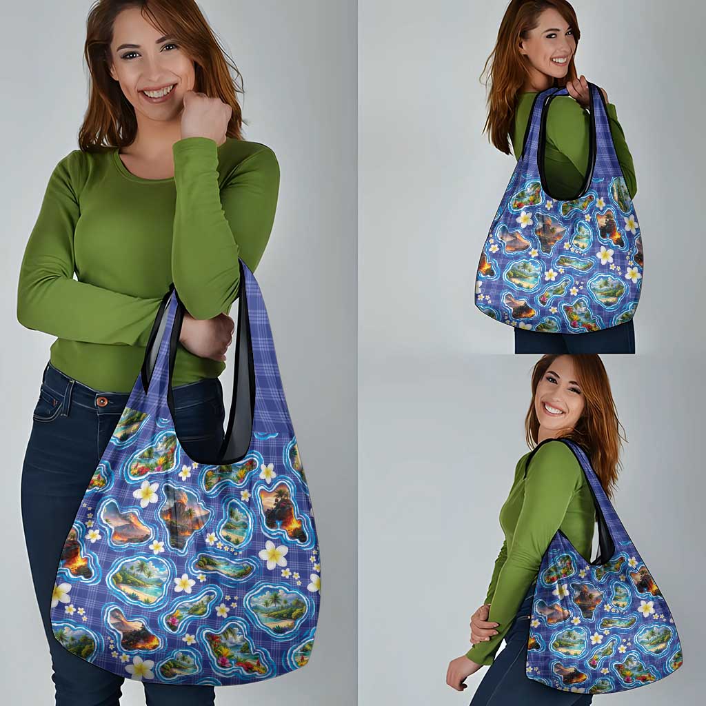 Hawaiian Island Shapes-Iconic Landscape Grocery Bag with Plumeria and Palaka Blue Color LT03 - Polynesian Pride