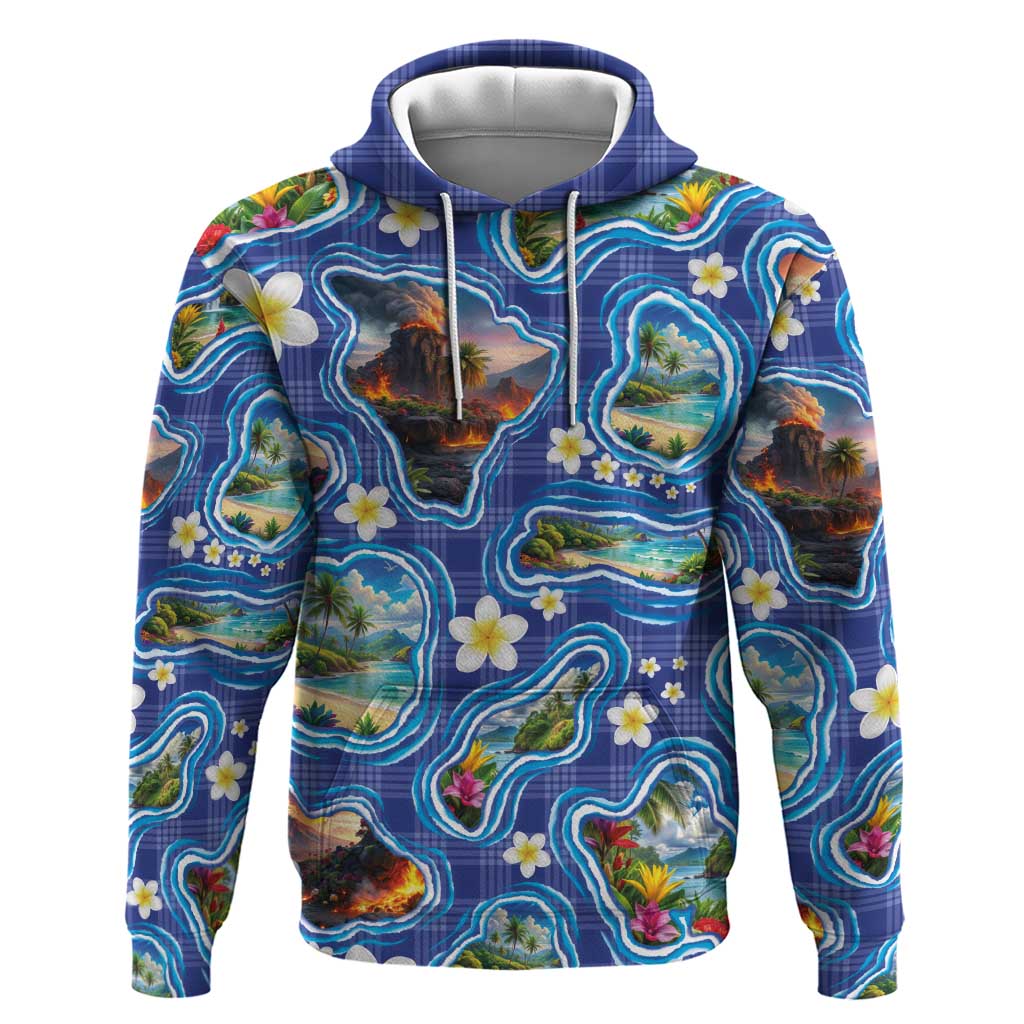 Hawaiian Island Shapes-Iconic Landscape Hoodie with Plumeria and Palaka Blue Color