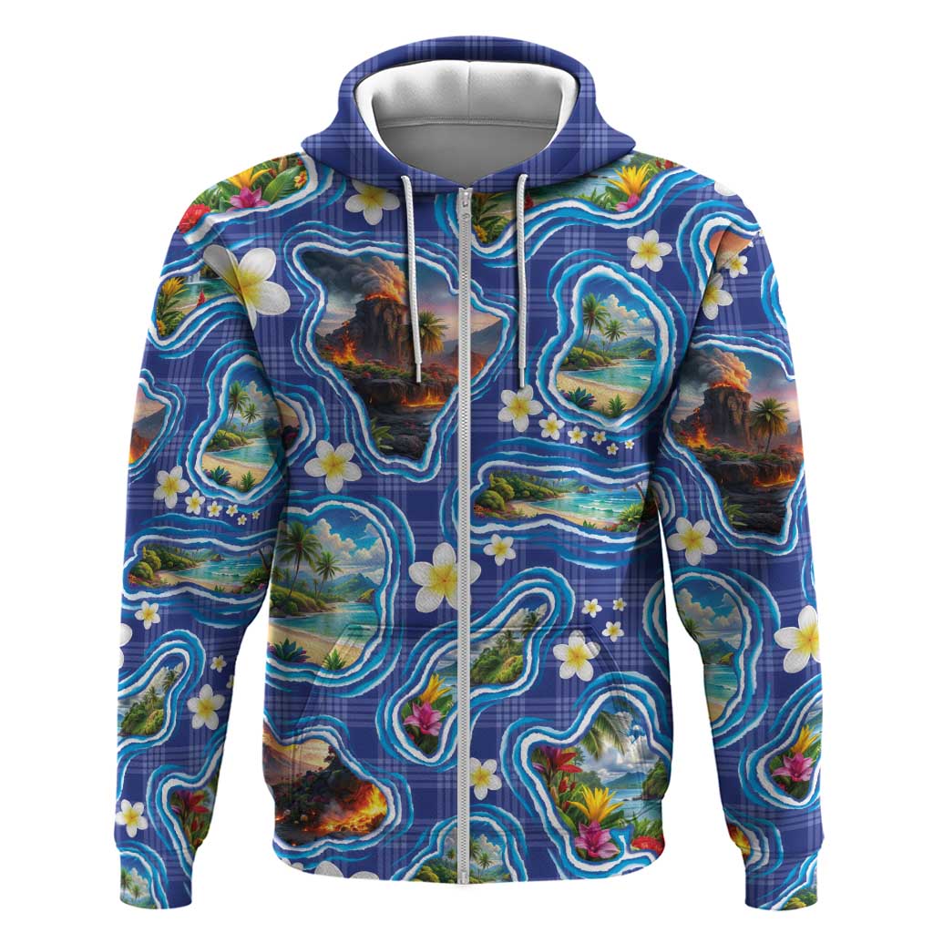 Hawaiian Island Shapes-Iconic Landscape Hoodie with Plumeria and Palaka Blue Color