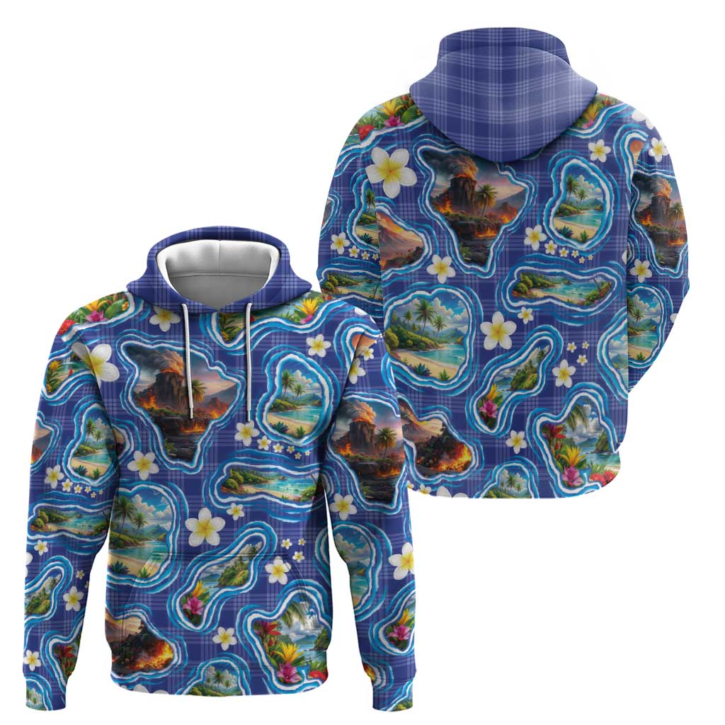Hawaiian Island Shapes-Iconic Landscape Hoodie with Plumeria and Palaka Blue Color