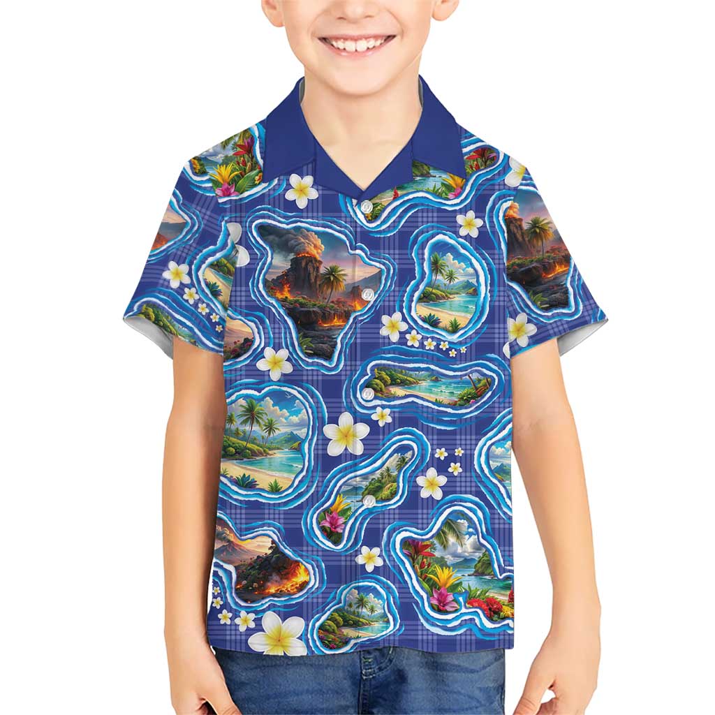 Hawaiian Island Shapes-Iconic Landscape Kid Hawaiian Shirt with Plumeria and Palaka Blue Color