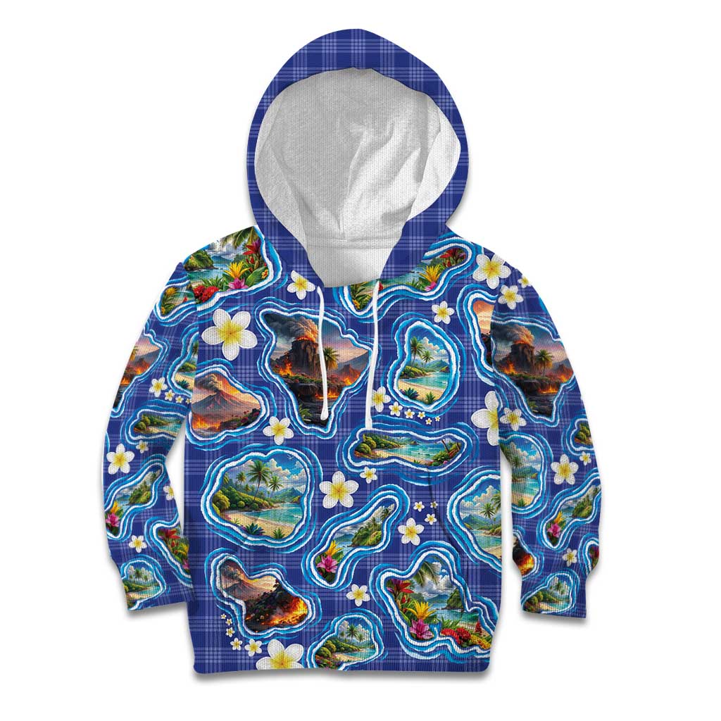 Hawaiian Island Shapes-Iconic Landscape Kid Hoodie with Plumeria and Palaka Blue Color LT03 Hoodie Blue - Polynesian Pride