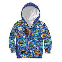 Hawaiian Island Shapes-Iconic Landscape Kid Hoodie with Plumeria and Palaka Blue Color LT03 Zip Hoodie Blue - Polynesian Pride