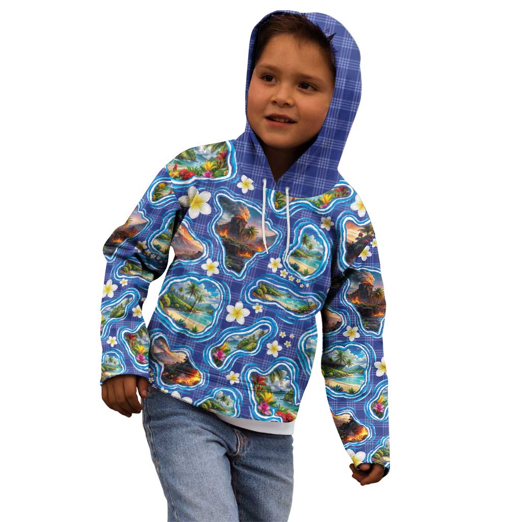 Hawaiian Island Shapes-Iconic Landscape Kid Hoodie with Plumeria and Palaka Blue Color LT03 - Polynesian Pride