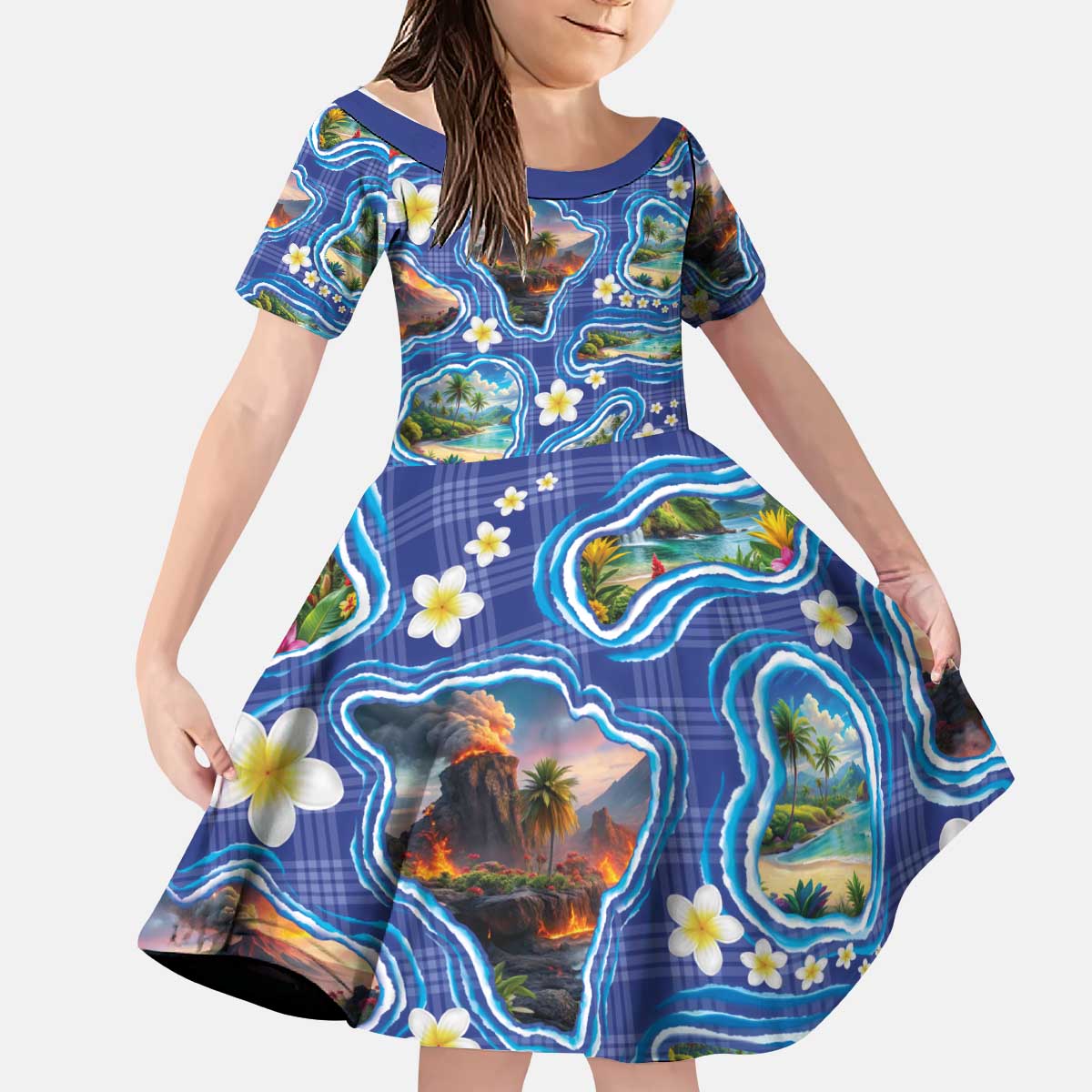 Hawaiian Island Shapes-Iconic Landscape Kid Short Sleeve Dress with Plumeria and Palaka Blue Color