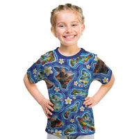 Hawaiian Island Shapes-Iconic Landscape Kid T Shirt with Plumeria and Palaka Blue Color LT03 Blue - Polynesian Pride