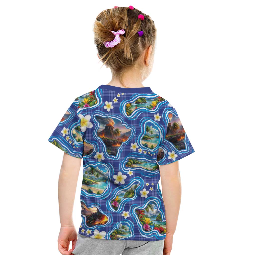 Hawaiian Island Shapes-Iconic Landscape Kid T Shirt with Plumeria and Palaka Blue Color LT03 - Polynesian Pride