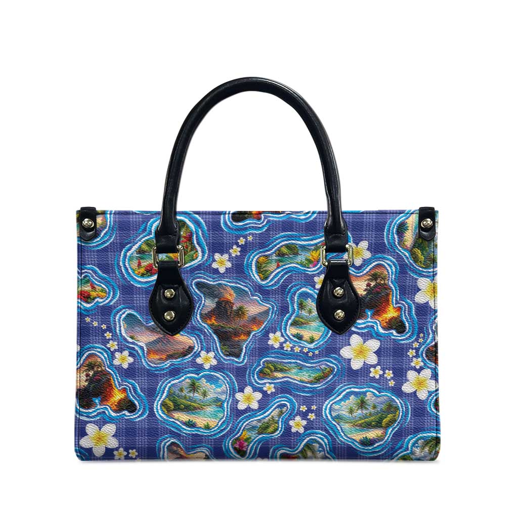 Hawaiian Island Shapes-Iconic Landscape Leather Bag with Plumeria and Palaka Blue Color LT03 - Polynesian Pride