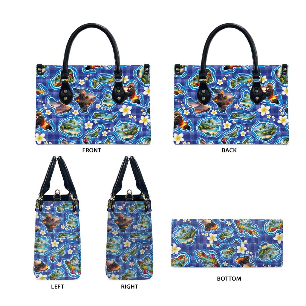 Hawaiian Island Shapes-Iconic Landscape Leather Bag with Plumeria and Palaka Blue Color LT03 - Polynesian Pride