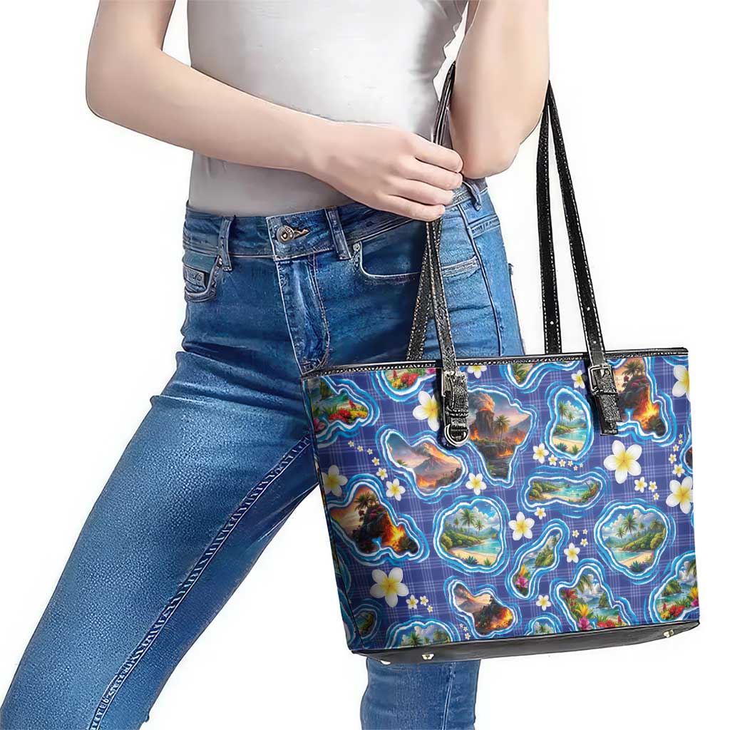 Hawaiian Island Shapes-Iconic Landscape Leather Tote Bag with Plumeria and Palaka Blue Color LT03 - Polynesian Pride