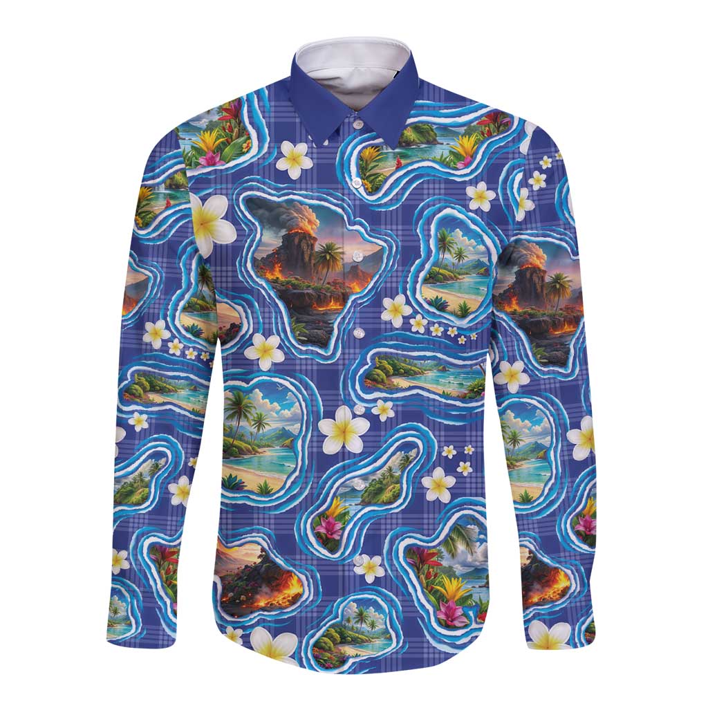 Hawaiian Island Shapes-Iconic Landscape Long Sleeve Button Shirt with Plumeria and Palaka Blue Color LT03 Unisex Blue - Polynesian Pride