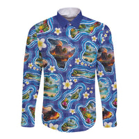 Hawaiian Island Shapes-Iconic Landscape Long Sleeve Button Shirt with Plumeria and Palaka Blue Color LT03 Unisex Blue - Polynesian Pride