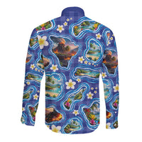 Hawaiian Island Shapes-Iconic Landscape Long Sleeve Button Shirt with Plumeria and Palaka Blue Color LT03 - Polynesian Pride