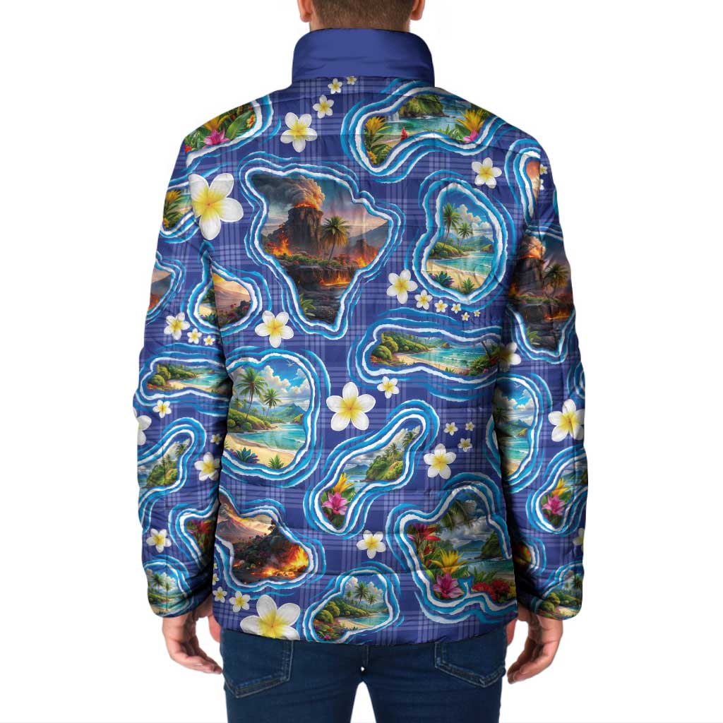 Hawaiian Island Shapes-Iconic Landscape Padded Jacket with Plumeria and Palaka Blue Color LT03 - Polynesian Pride