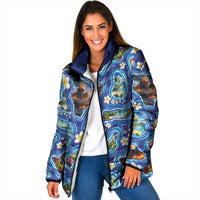 Hawaiian Island Shapes-Iconic Landscape Padded Jacket with Plumeria and Palaka Blue Color LT03 Women Blue - Polynesian Pride