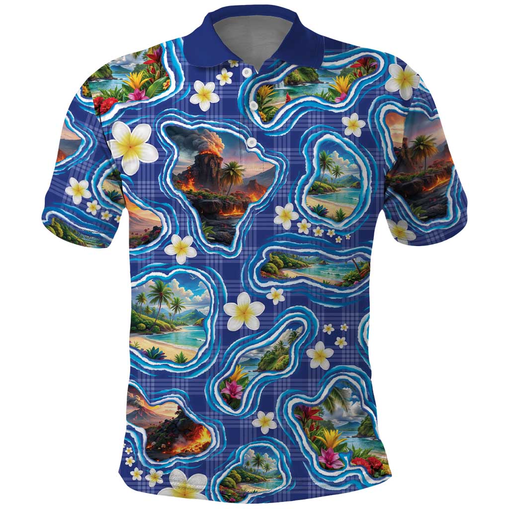 Hawaiian Island Shapes-Iconic Landscape Polo Shirt with Plumeria and Palaka Blue Color LT03 Blue - Polynesian Pride