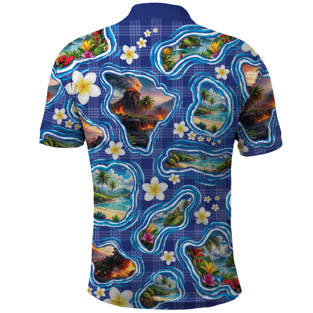 Hawaiian Island Shapes-Iconic Landscape Polo Shirt with Plumeria and Palaka Blue Color LT03 - Polynesian Pride