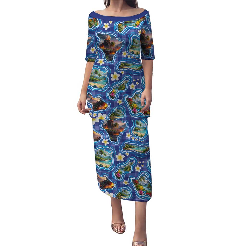 Hawaiian Island Shapes-Iconic Landscape Puletasi with Plumeria and Palaka Blue Color LT03 Long Dress Blue - Polynesian Pride