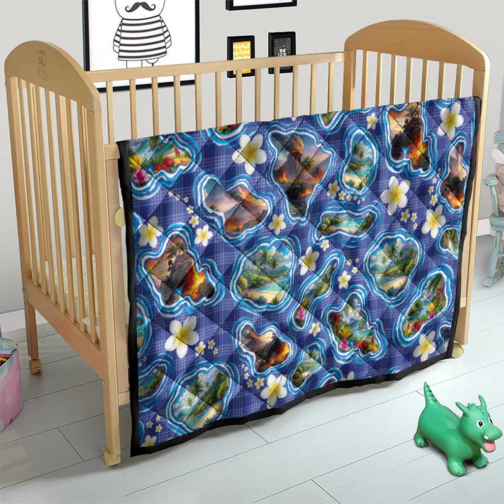 Hawaiian Island Shapes-Iconic Landscape Quilt with Plumeria and Palaka Blue Color LT03 - Polynesian Pride