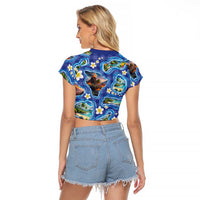 Hawaiian Island Shapes-Iconic Landscape Raglan Cropped T Shirt with Plumeria and Palaka Blue Color LT03 - Polynesian Pride