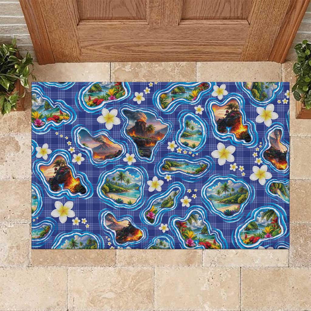 Hawaiian Island Shapes-Iconic Landscape Rubber Doormat with Plumeria and Palaka Blue Color