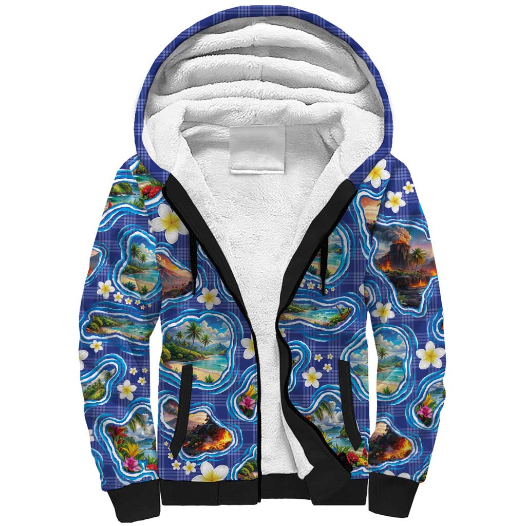 Hawaiian Island Shapes-Iconic Landscape Sherpa Hoodie with Plumeria and Palaka Blue Color